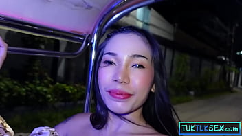 Cute Thai teen with big fake tits gets picked up and greets Hello Kitty with her wet pussy