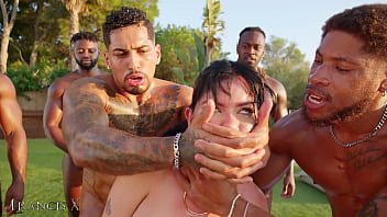 Outdoor Gangbang: Nine Guys Ravage a Latina Slut in Lingerie with Rough Anal and Double Penetration
