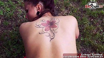 German busty amateur slut brunette at outdoor user meetup POV
