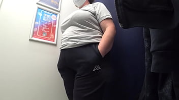 Curvy PAWG milf peels off her satin panties, showing off that big ass in the amateur fitting room cam.