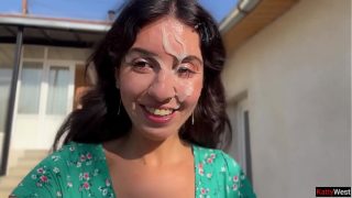 Country Babe Takes Three Loads on Her Face in Public Cumwalk