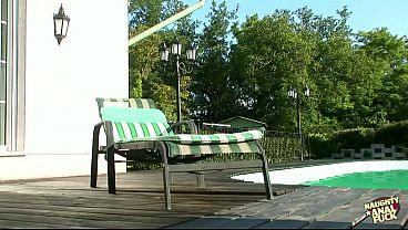 Sun-drenched poolside bench beckons for a girl’s eager fingers and a dripping, backdoor cowgirl ride.