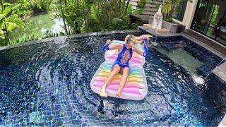 Skinny Blonde Amateur in Lingerie Sucks Cock by the Outdoor Pool