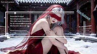 Snow-skinned beauty in crimson, silver-haired allure—AI-crafted passion unfolds.