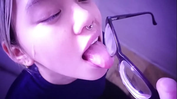 Obedient Asian Pet Awaits Her Dom’s Command, Licking His Seed from Her Spectacles
