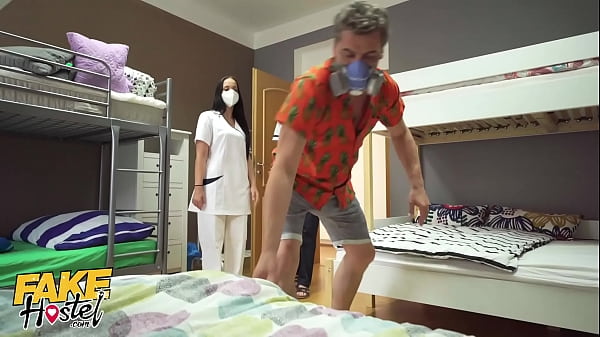Fake hostel threesome with a fiery redhead and a hot Latina nurse