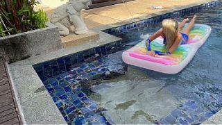 Outdoor pool fucking with a hot blonde slut