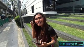 Busty little Thai MILF gets stretched out by a big Farang cock