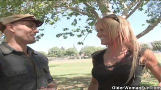 Blonde soccer MILF makes her cuckold hubby watch as she takes it from the team
