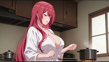 Stepson Walks in Early, Finds Dad’s Wife Barely Dressed and Cooking in a Tiny Robe. Kureha Enomoto’s Dirty Hentai Cosplay (AI-Generated)